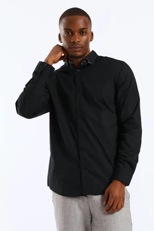 Long Sleeve Slim Contrast Detail Shirt - Black sold by Edgars