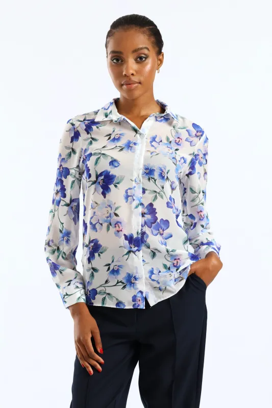 Soft Floral Chiffon Shirt - Cream/Blue sold by Edgars