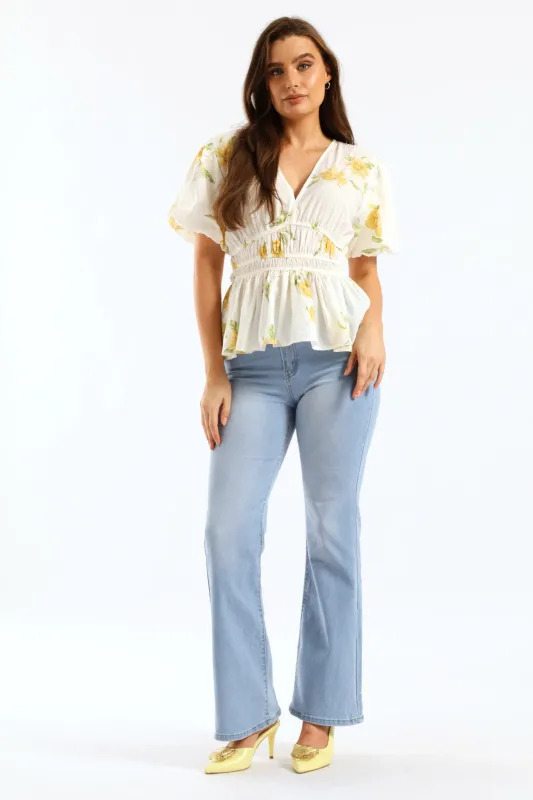 Bubble Sleeve V-Neck Peplum Blouse - White/Yellow sold by Edgars