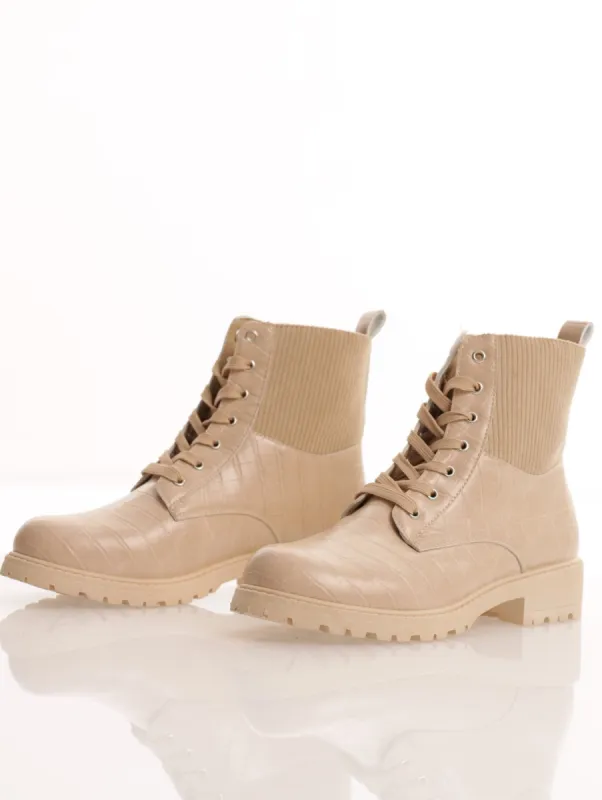 Ladies Ribbed Sock Collar And Croc Military Boot - Taupe sold by Edgars