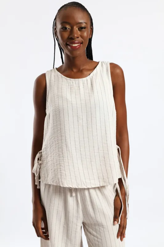 Side Tie Detail Pinstripe Shell Tank - Black/Beige sold by Edgars