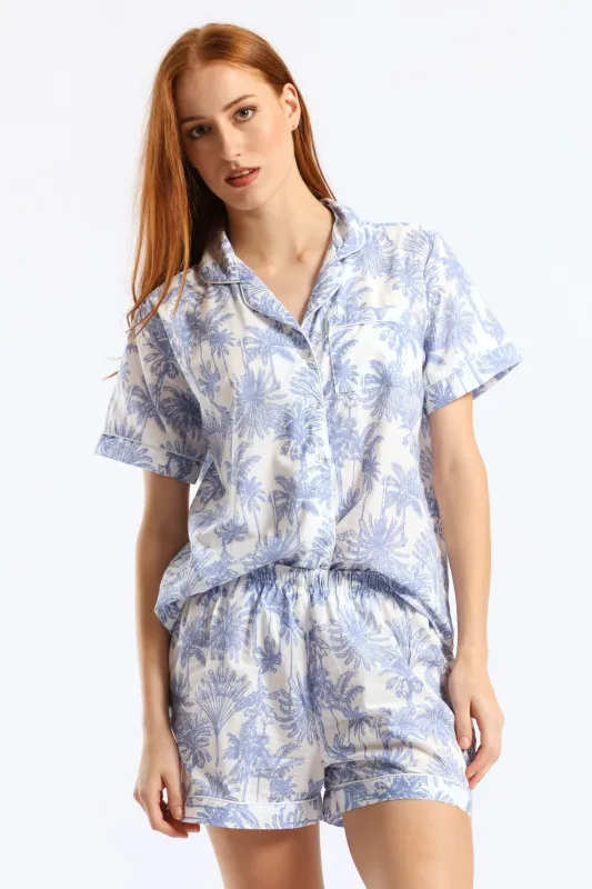 Button Through Cotton Palms Short Set - White/Blue sold by Edgars