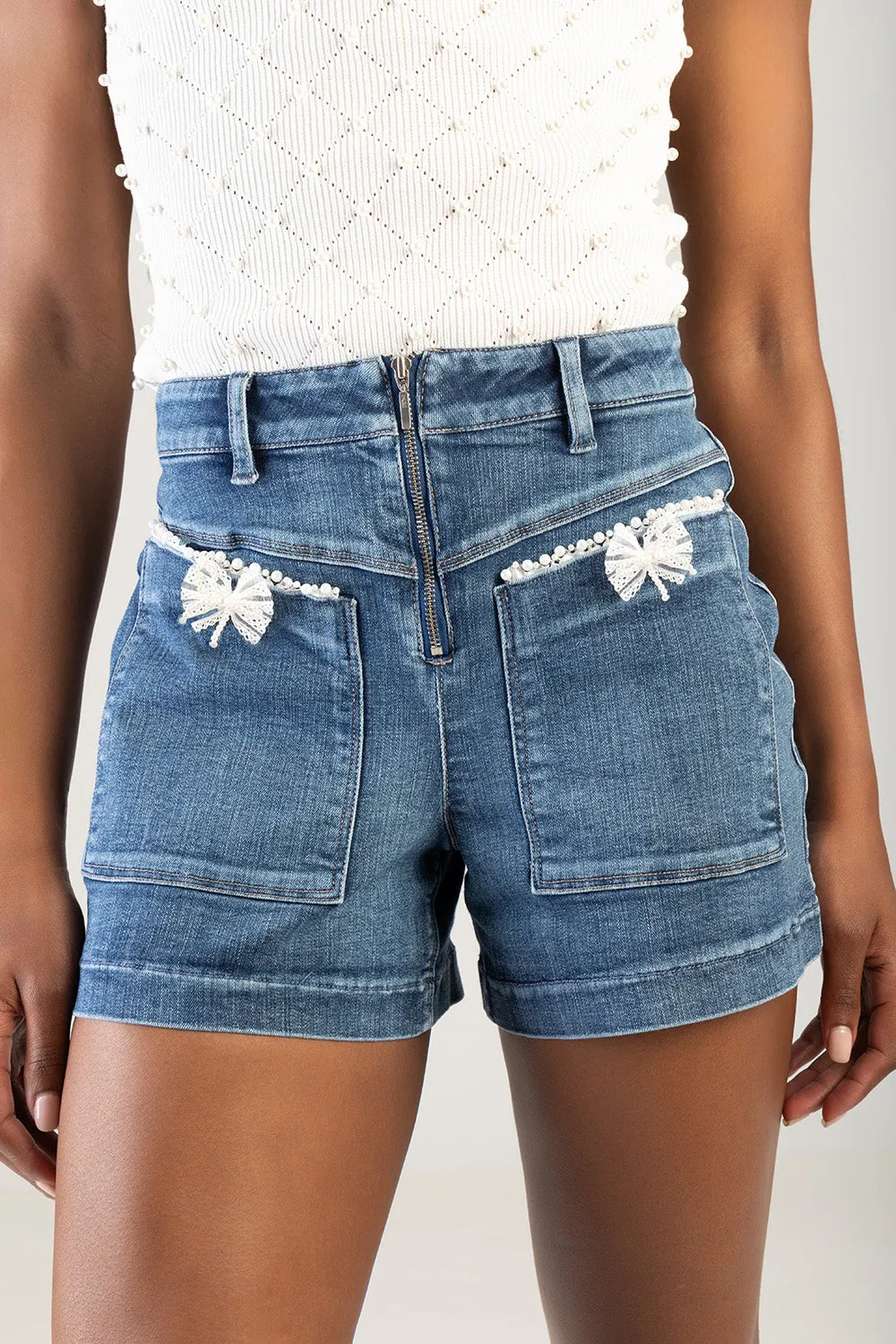 Front Zip & Pocket Detail High Waist Shorts - Medium Wash sold by Edgars product image thumbnail 3
