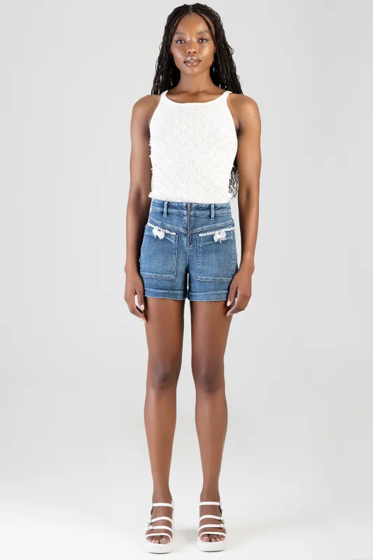 Front Zip & Pocket Detail High Waist Shorts - Medium Wash made by Edgars