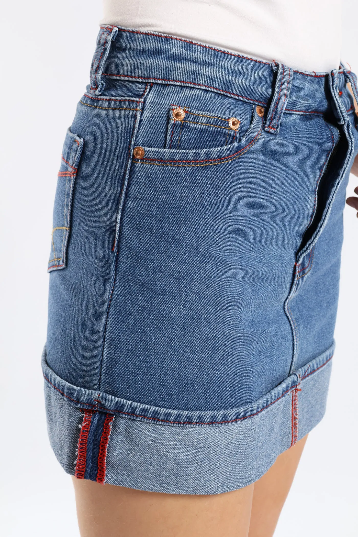 Turn Up Denim Mini Skirt - Salty Mid Wash sold by Edgars