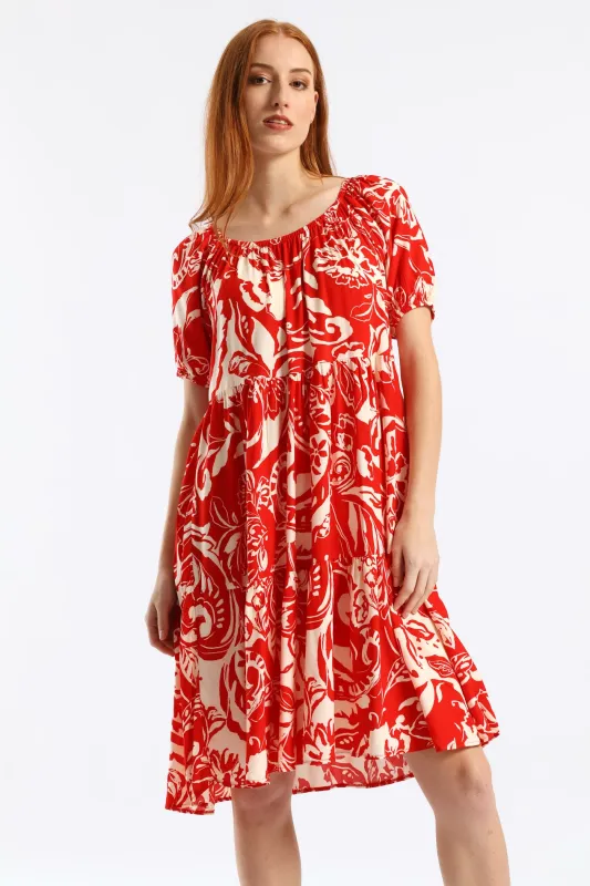 Printed Tiered Gypsy Mini Dress - White/Red sold by Edgars