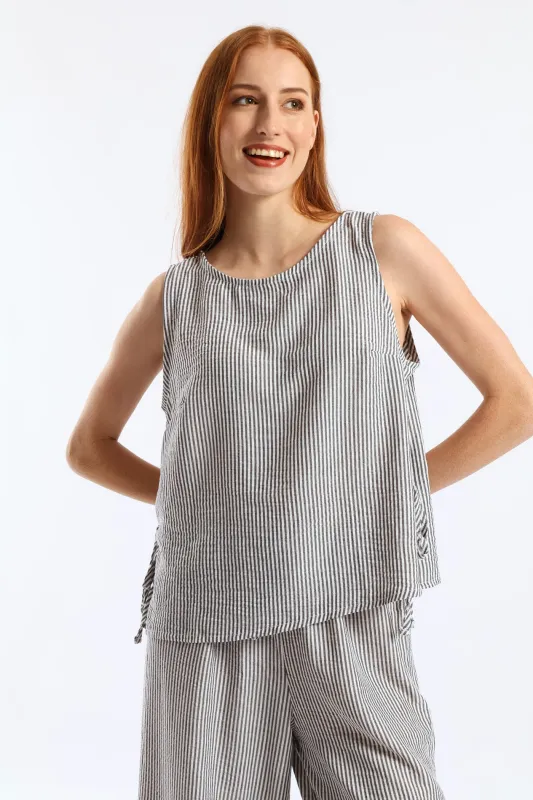 Side Tie Detail Pinstripe Shell Tank - Cream/Black sold by Edgars