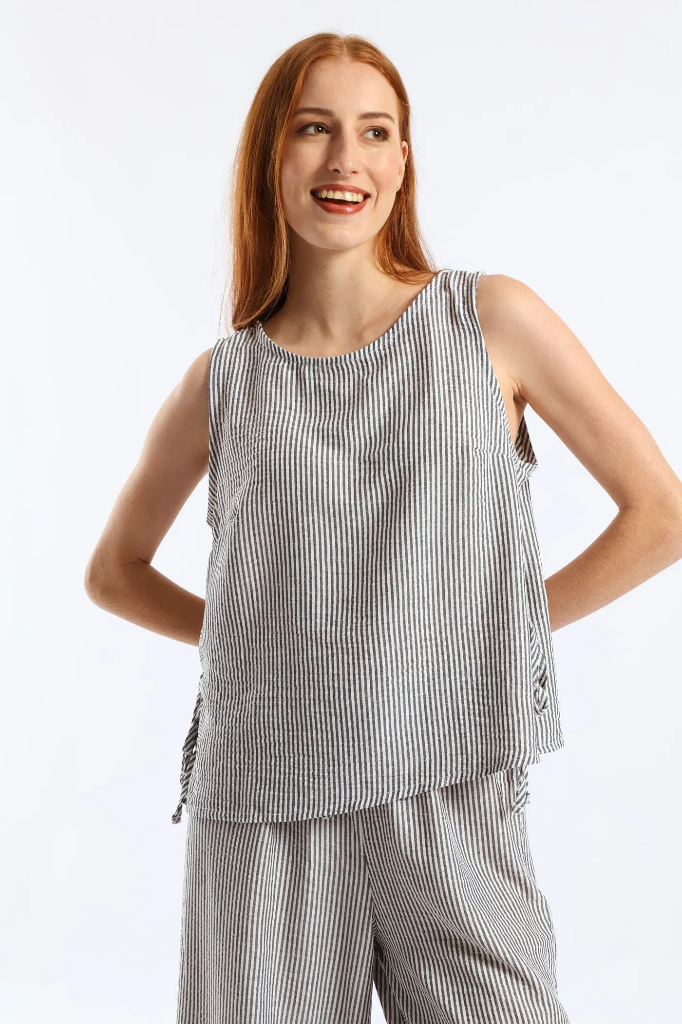 Side Tie Detail Pinstripe Shell Tank - Cream/Black sold by Edgars