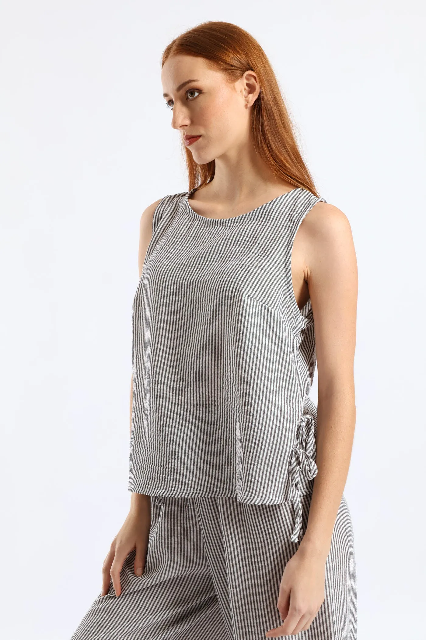 Side Tie Detail Pinstripe Shell Tank - Cream/Black sold by Edgars product image thumbnail 3