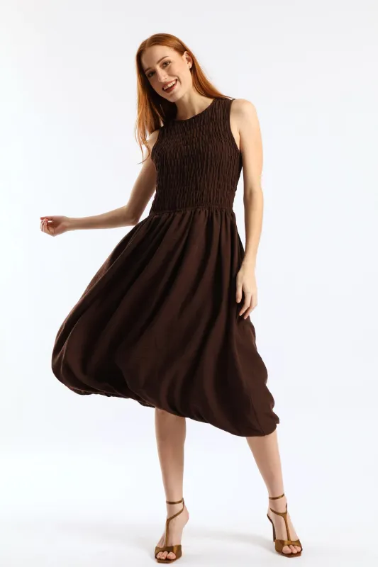 Shirred Bodice Fit & Flare Bubble Midaxi Dress - Dark Chocolate sold by Edgars