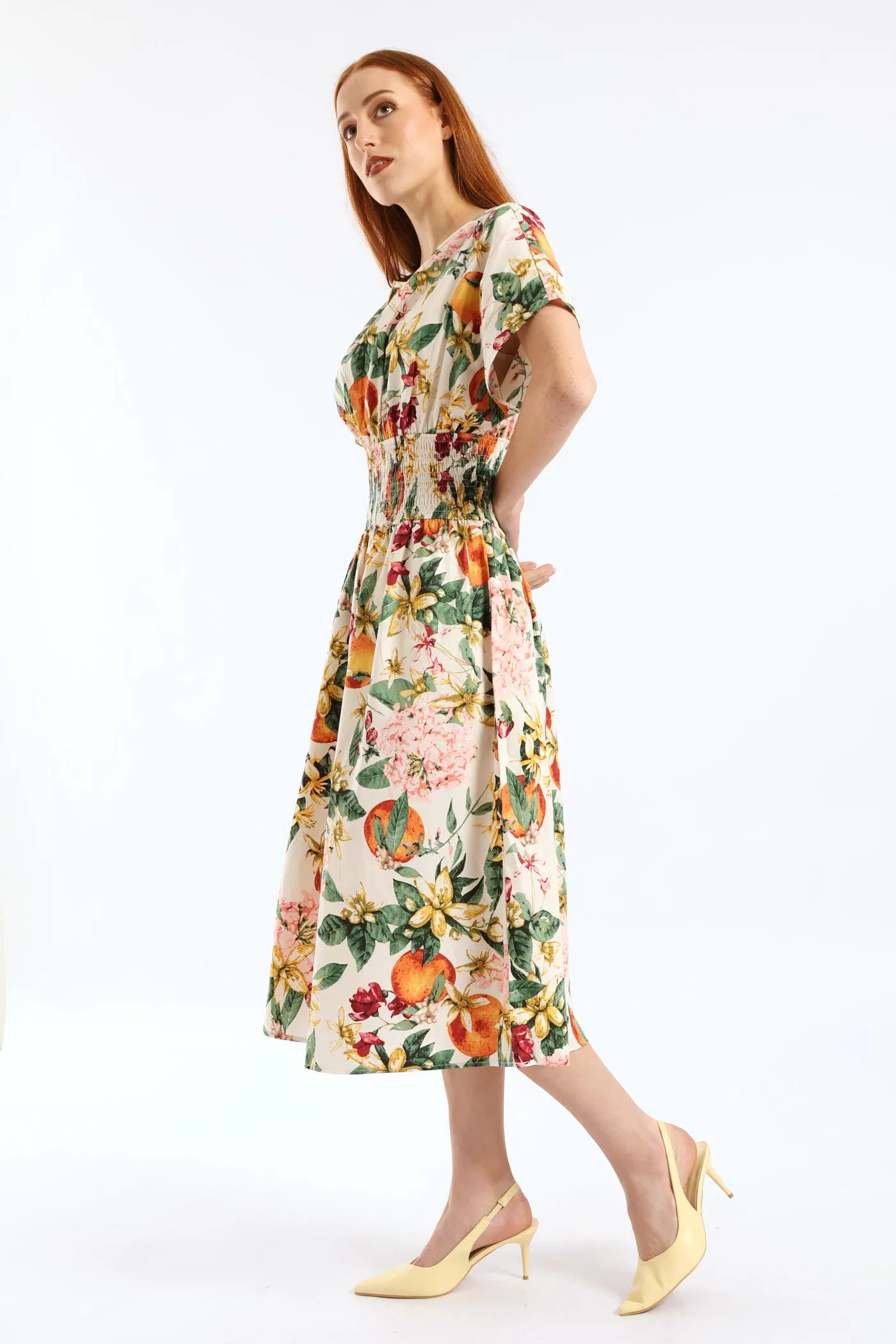 Boat Neck Shirred Waist Garden Floral Midi Dress - White sold by Edgars product image thumbnail 5