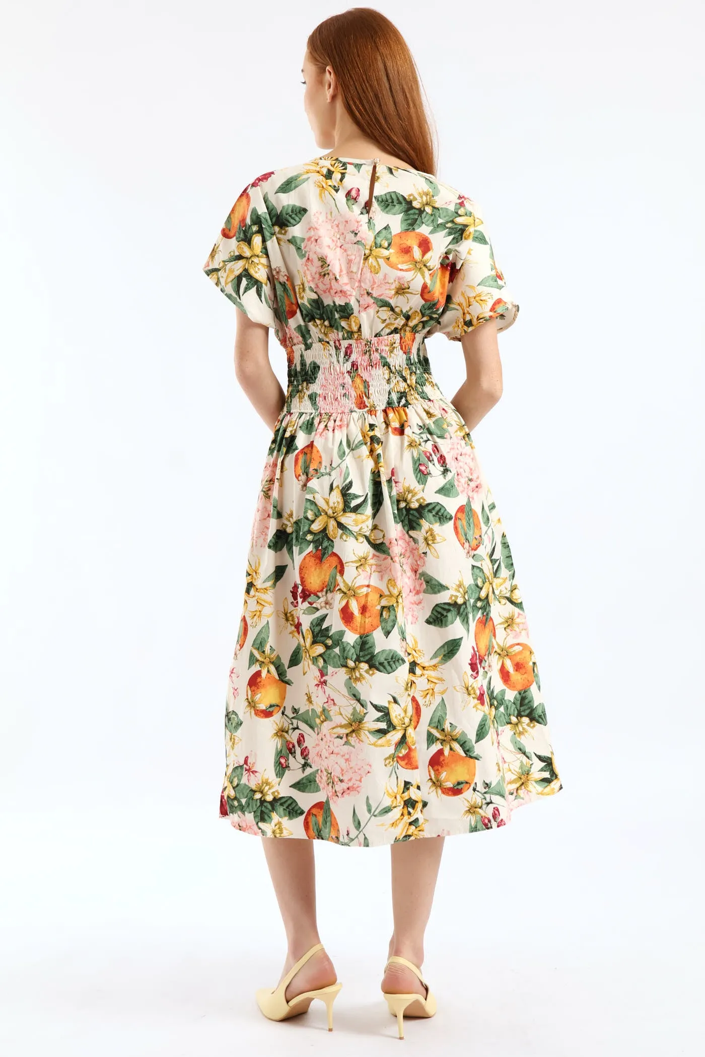 Boat Neck Shirred Waist Garden Floral Midi Dress - White sold by Edgars product image thumbnail 2