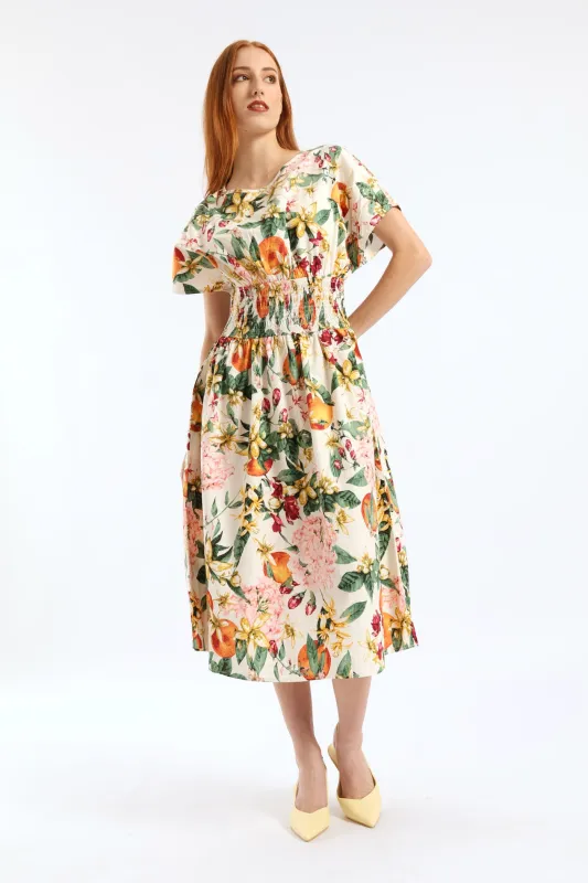Boat Neck Shirred Waist Garden Floral Midi Dress - White made by Edgars