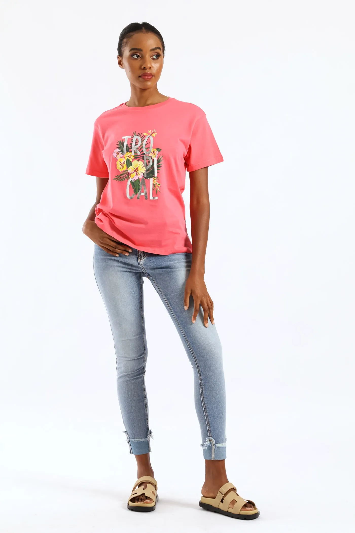 Tropical Palm Foil Tee - Bright Pink sold by Edgars