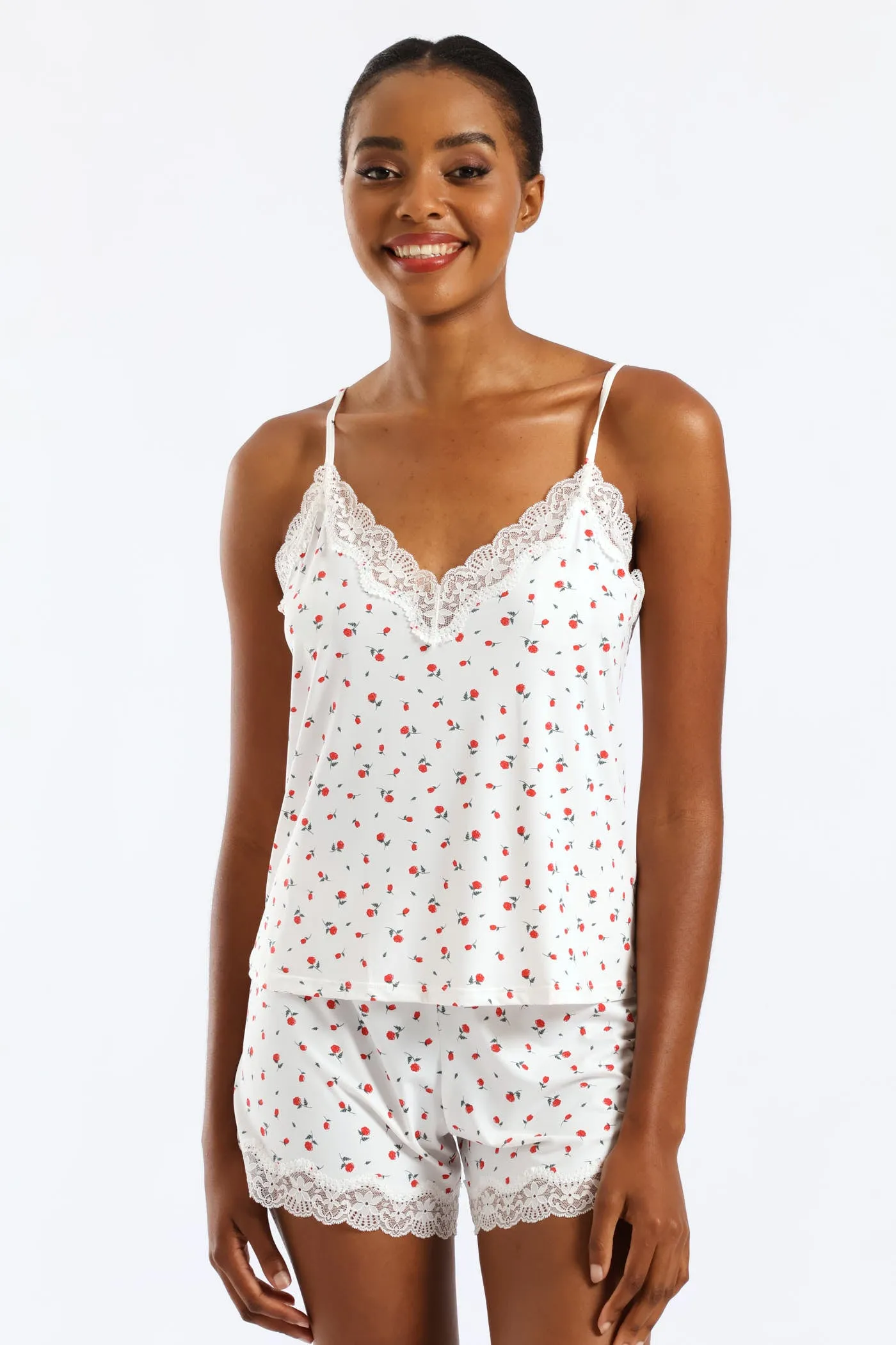 Roses Polyamide Cami & Short Set - White/Red sold by Edgars