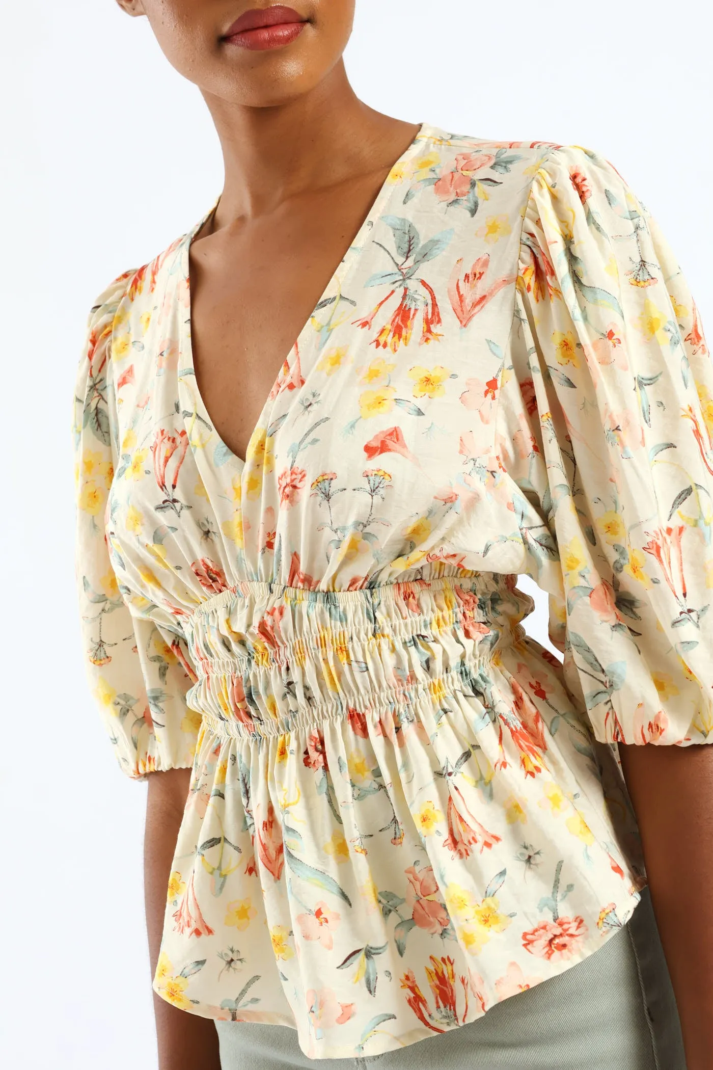 Bubble Sleeve V-Neck Peplum Printed Blouse - White sold by Edgars product image thumbnail 2