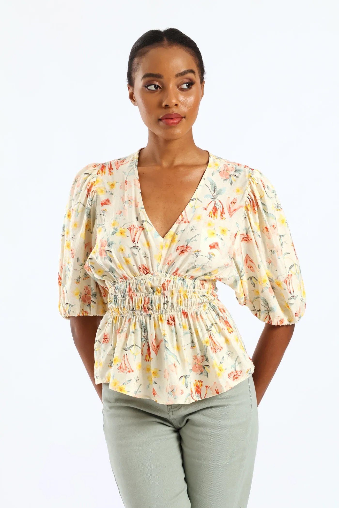 Bubble Sleeve V-Neck Peplum Printed Blouse - White sold by Edgars product image thumbnail 5