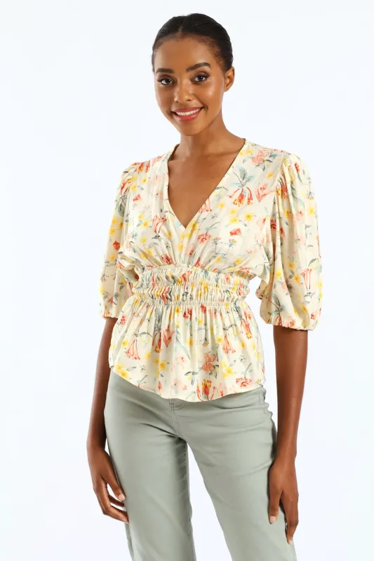 Bubble Sleeve V-Neck Peplum Printed Blouse - White made by Edgars