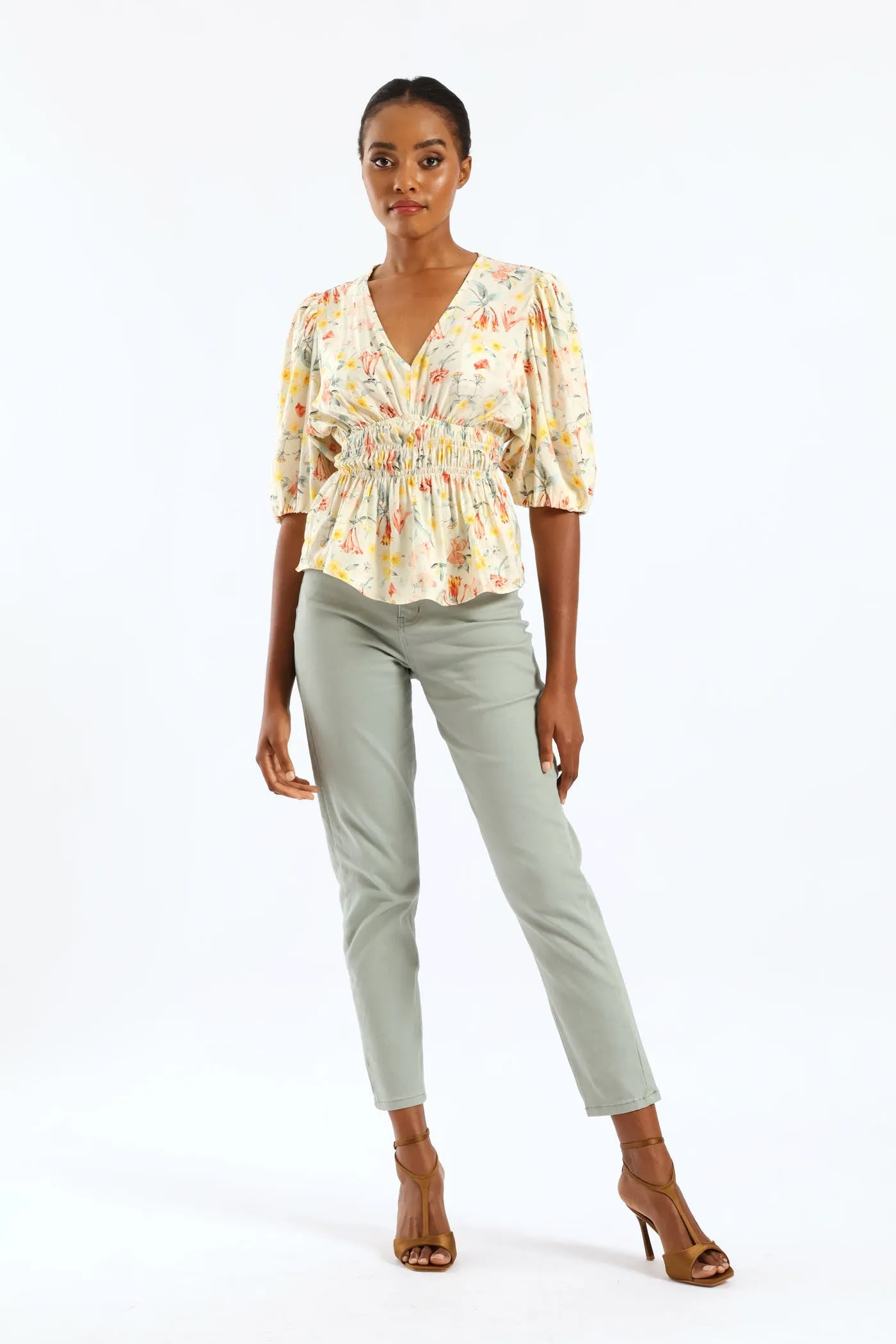 Bubble Sleeve V-Neck Peplum Printed Blouse - White sold by Edgars product image thumbnail 4