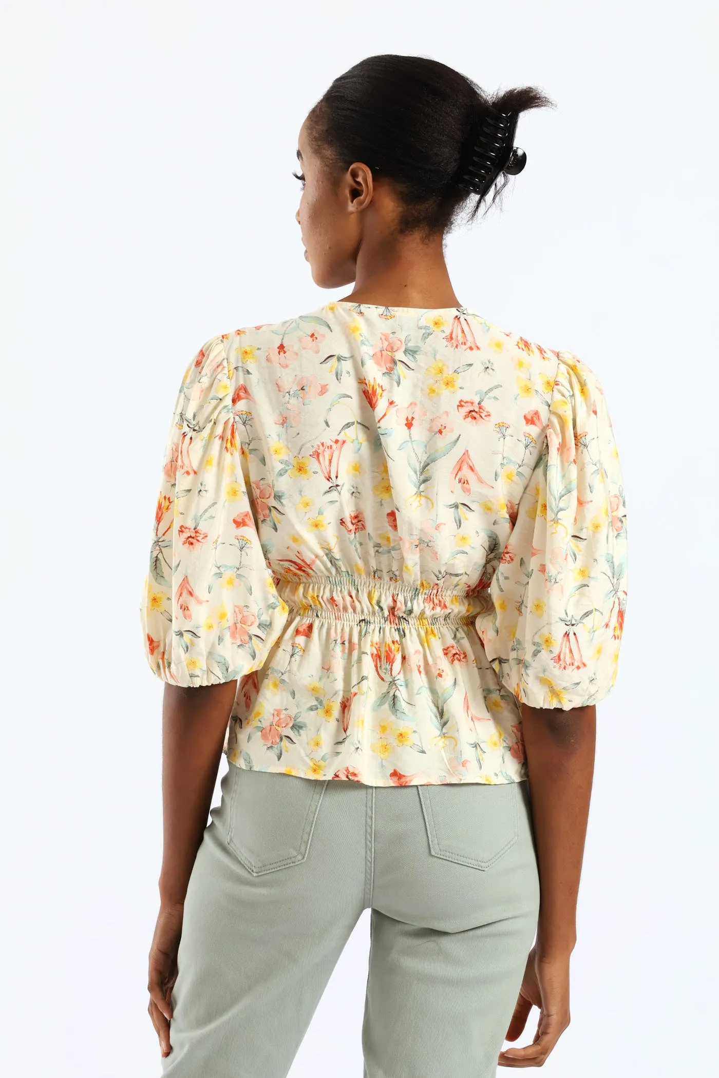 Bubble Sleeve V-Neck Peplum Printed Blouse - White sold by Edgars product image thumbnail 3