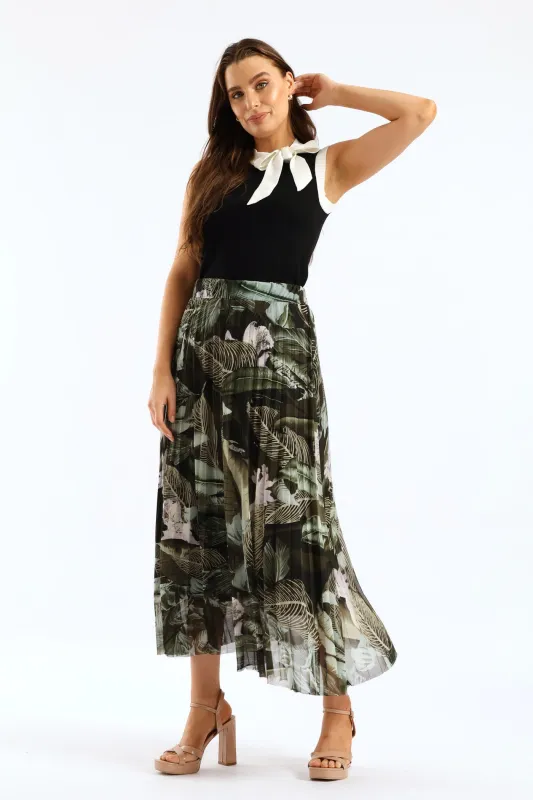 Tie Dye Pleated Mesh Midi Skirt - Dark Green made by Edgars