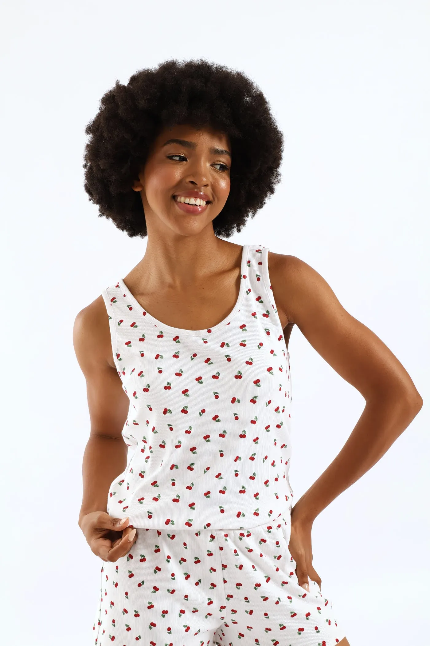 Cherry Rib Knit Tank Top - White/Red sold by Edgars