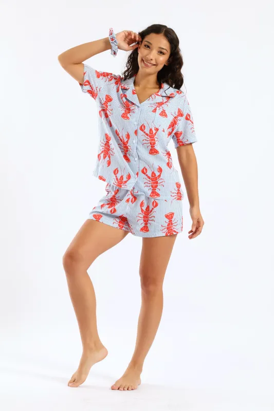 Lobster Button Through Woven Viscose Short Set - White/Blue sold by Edgars