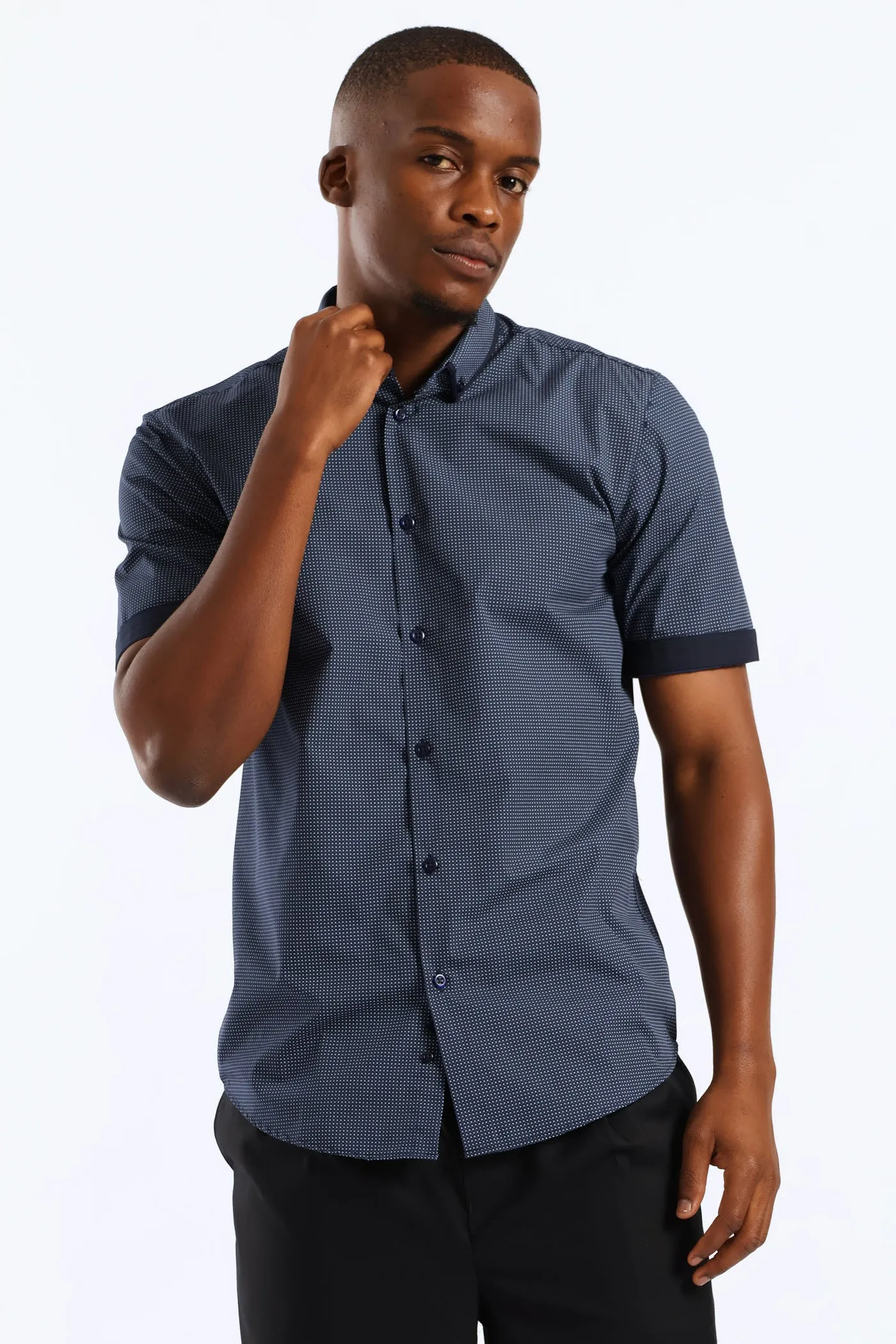 Slim Contrast Detail Spot Print Shirt - Navy sold by Edgars
