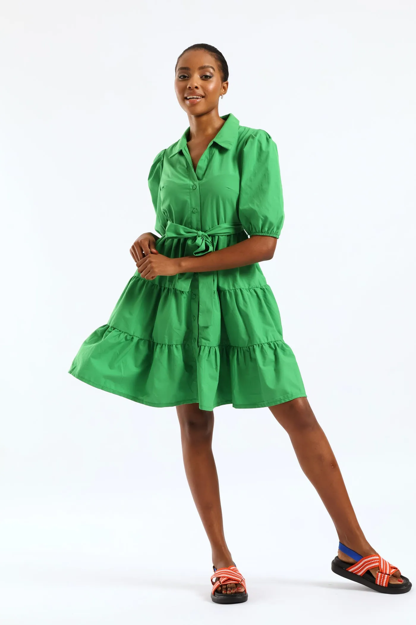 Collared Belted Tiered Shirt Dress - Emerald sold by Edgars