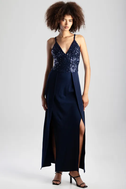 V-Neck Slit Detail Maxi Dress  - Navy made by Edgars