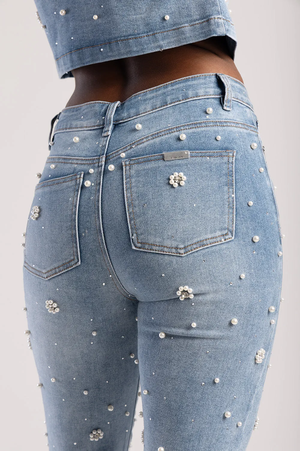 Riveted Pearls & Diamante Detail Mid Waist Skinny Denim - Light Wash sold by Edgars product image thumbnail 2