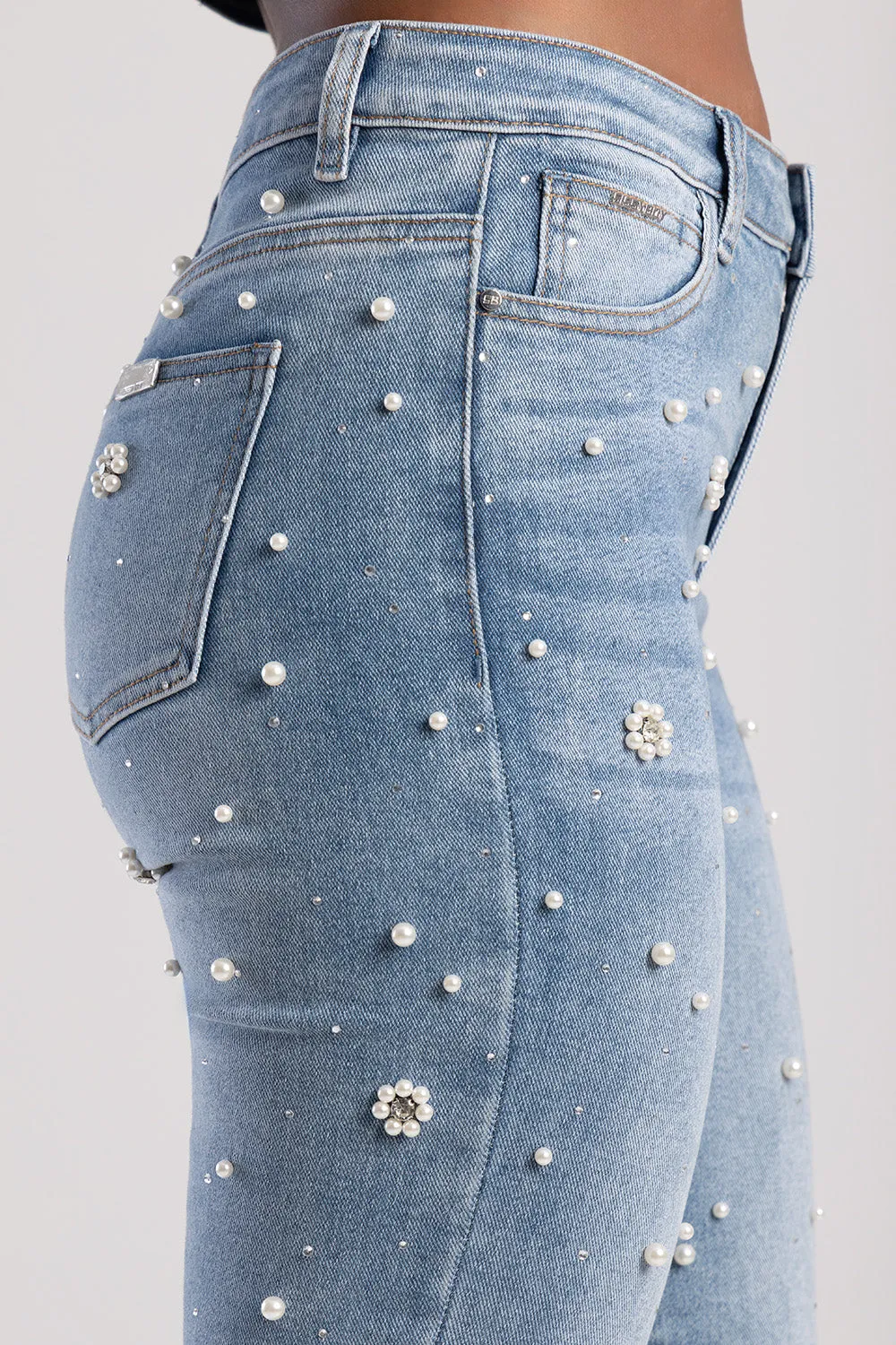 Riveted Pearls & Diamante Detail Mid Waist Skinny Denim - Light Wash sold by Edgars product image thumbnail 4
