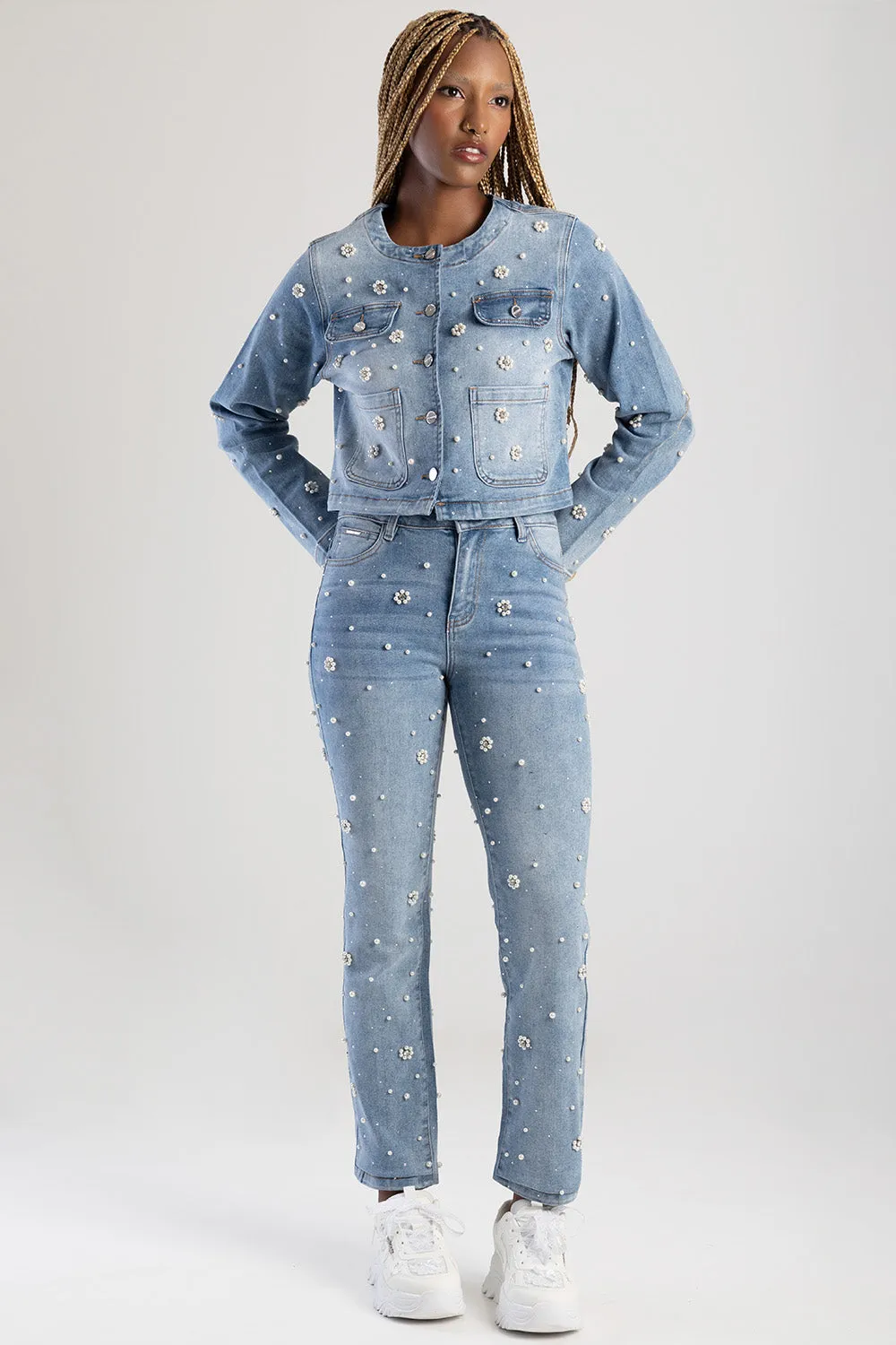 Riveted Pearls & Diamante Detail Mid Waist Skinny Denim - Light Wash sold by Edgars