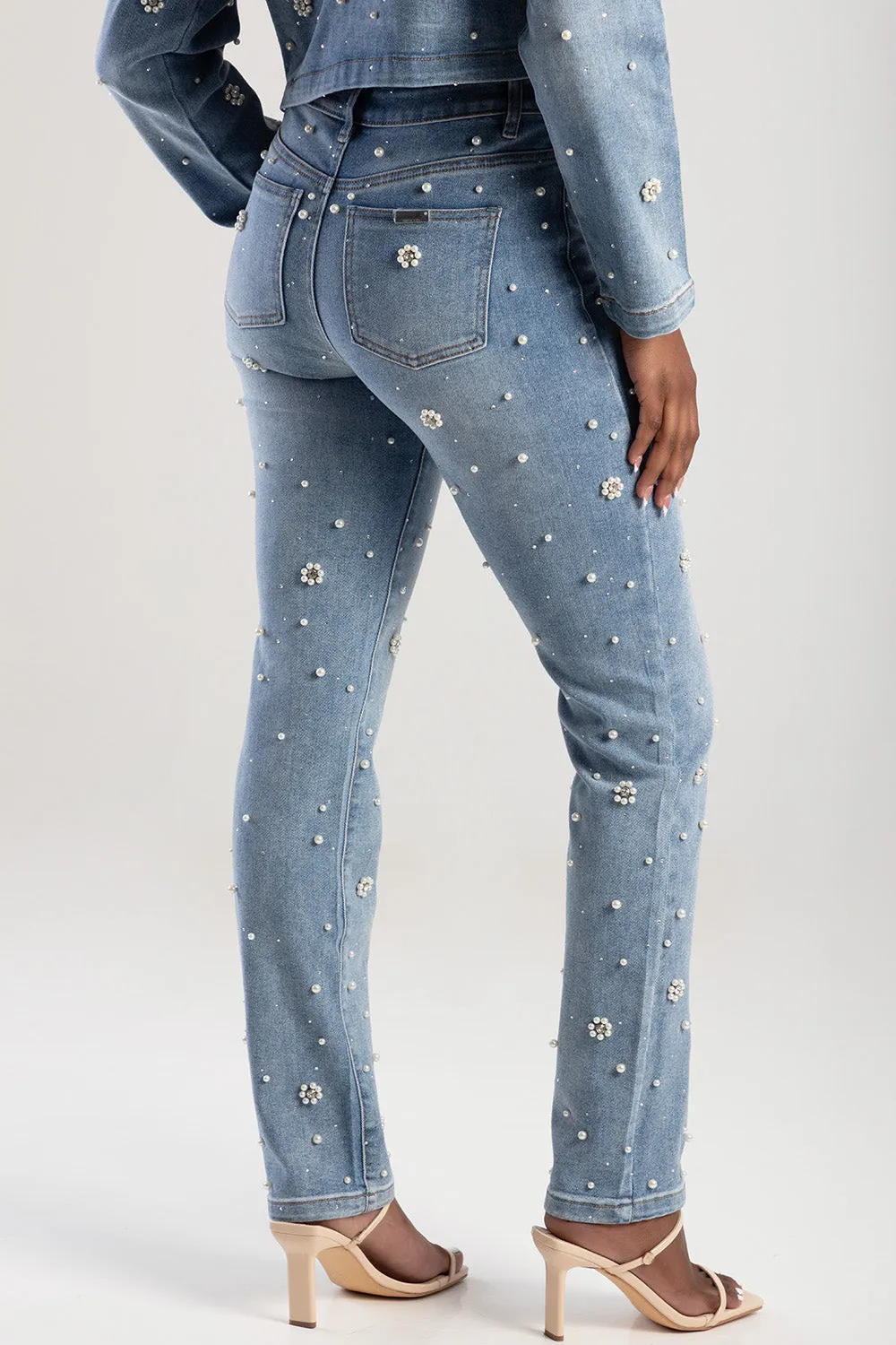 Riveted Pearls & Diamante Detail Mid Waist Skinny Denim - Light Wash sold by Edgars product image thumbnail 5