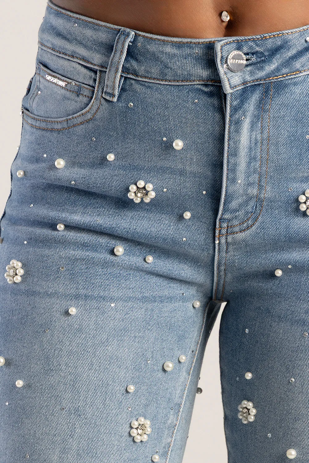 Riveted Pearls & Diamante Detail Mid Waist Skinny Denim - Light Wash sold by Edgars product image thumbnail 3