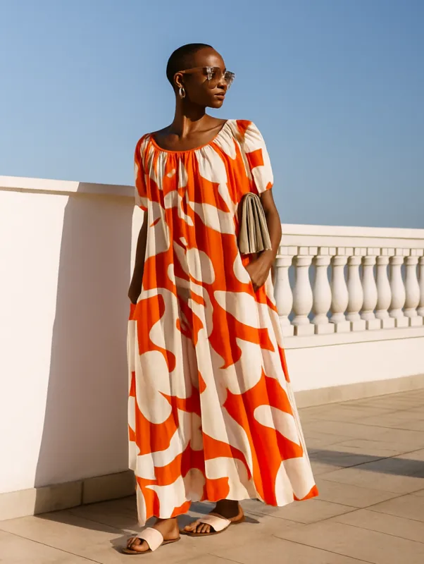 Puff Sleeve Scoop Neck Button Through Linen Midaxi Dress - White/Red made by Edgars