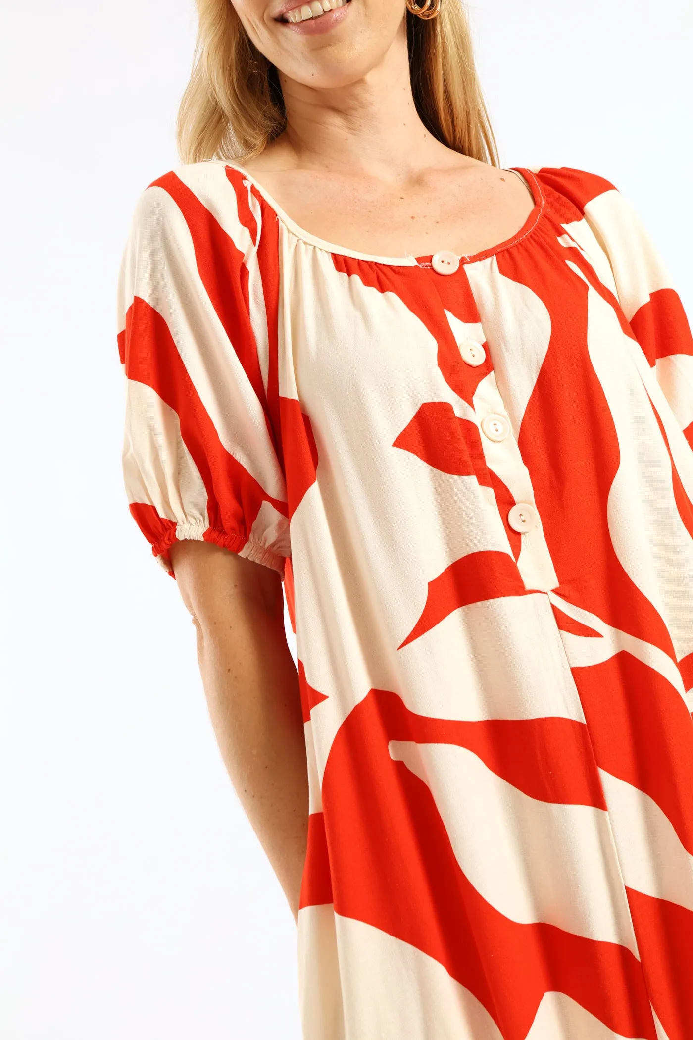 Puff Sleeve Scoop Neck Button Through Linen Midaxi Dress - White/Red sold by Edgars product image thumbnail 5