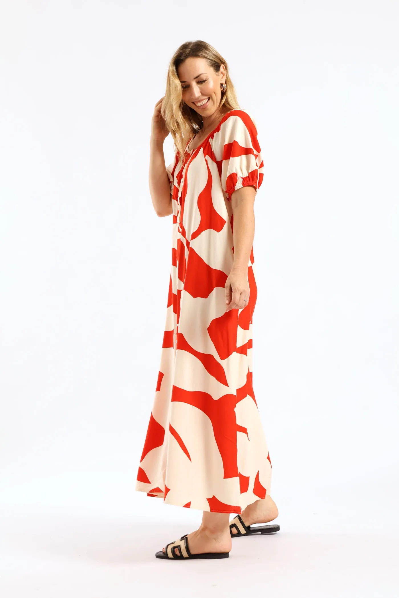 Puff Sleeve Scoop Neck Button Through Linen Midaxi Dress - White/Red sold by Edgars product image thumbnail 3