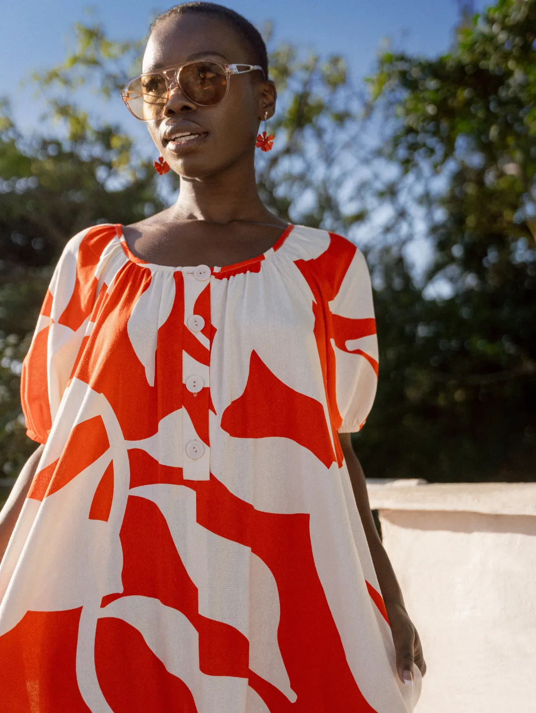 Puff Sleeve Scoop Neck Button Through Linen Midaxi Dress - White/Red sold by Edgars product image thumbnail 2