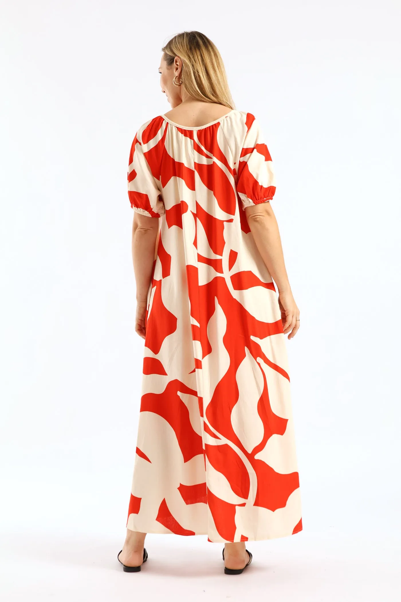 Puff Sleeve Scoop Neck Button Through Linen Midaxi Dress - White/Red sold by Edgars product image thumbnail 4