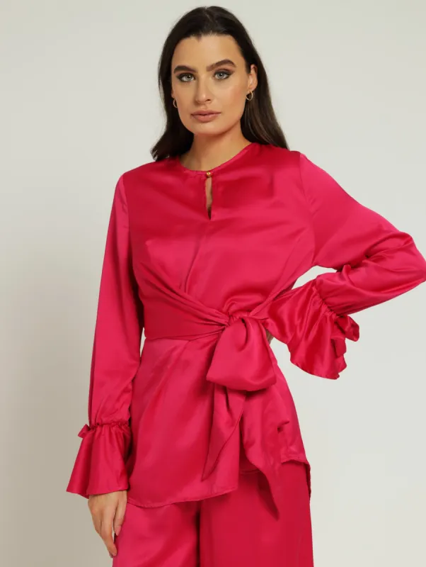Keyhole Wrap Tie Up Blouse - Pink sold by Edgars