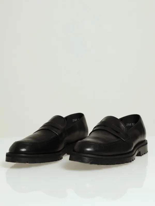 Leather Chunky Lug Sole Slip On Loafer - Black sold by Edgars