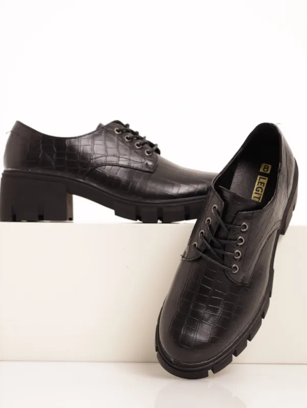 Ladies Super Chunky Croc Embossed Lace Up Shoe - Black sold by Edgars