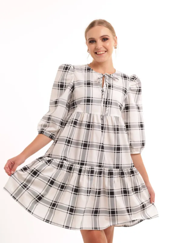 Ladies Tiered Check Dress - White/Black sold by Edgars
