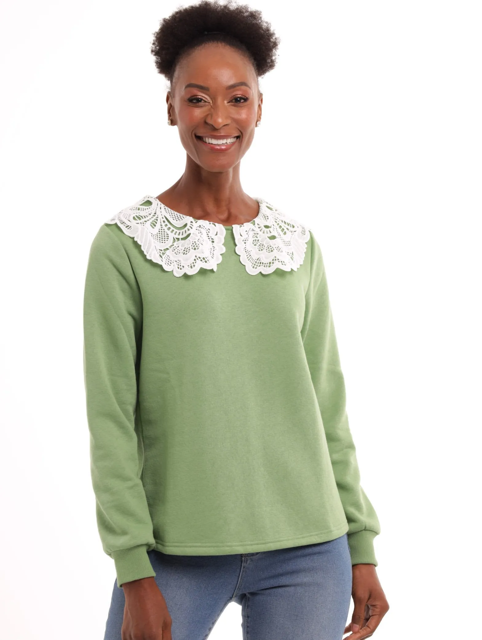 Ladies Lace Collar Pullover - Sage sold by Edgars