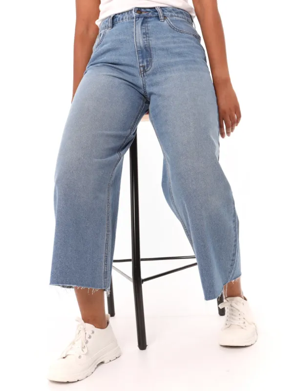Ladies Raw Hem Denim Cullote - Stonewash sold by Edgars