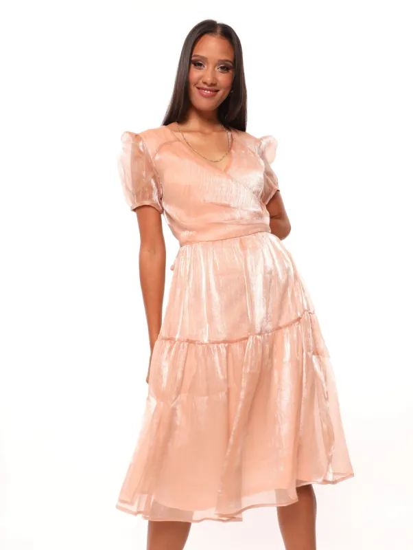 Ladies Textured Organza Wrap Bodice Dress - Bronze made by Edgars