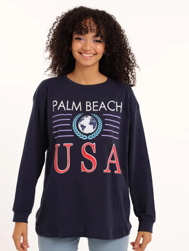 Ladies Long Sleeve Oversized Printed Tee - Navy sold by Edgars