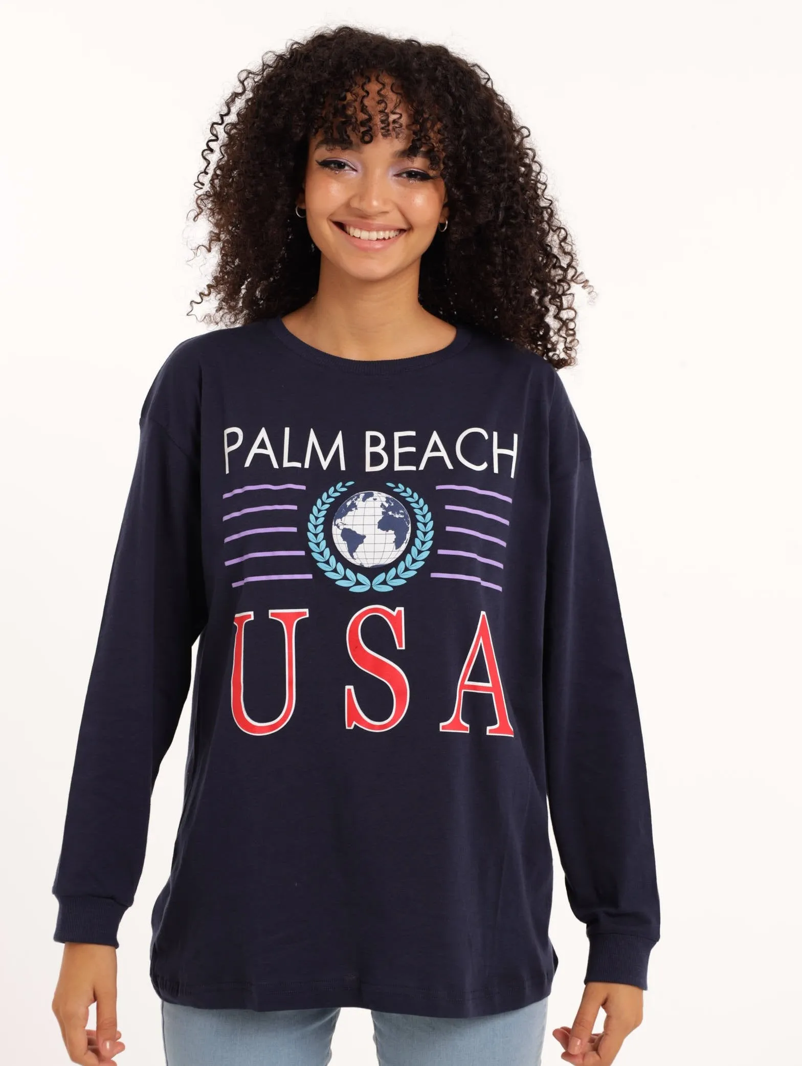 Ladies Long Sleeve Oversized Printed Tee - Navy sold by Edgars