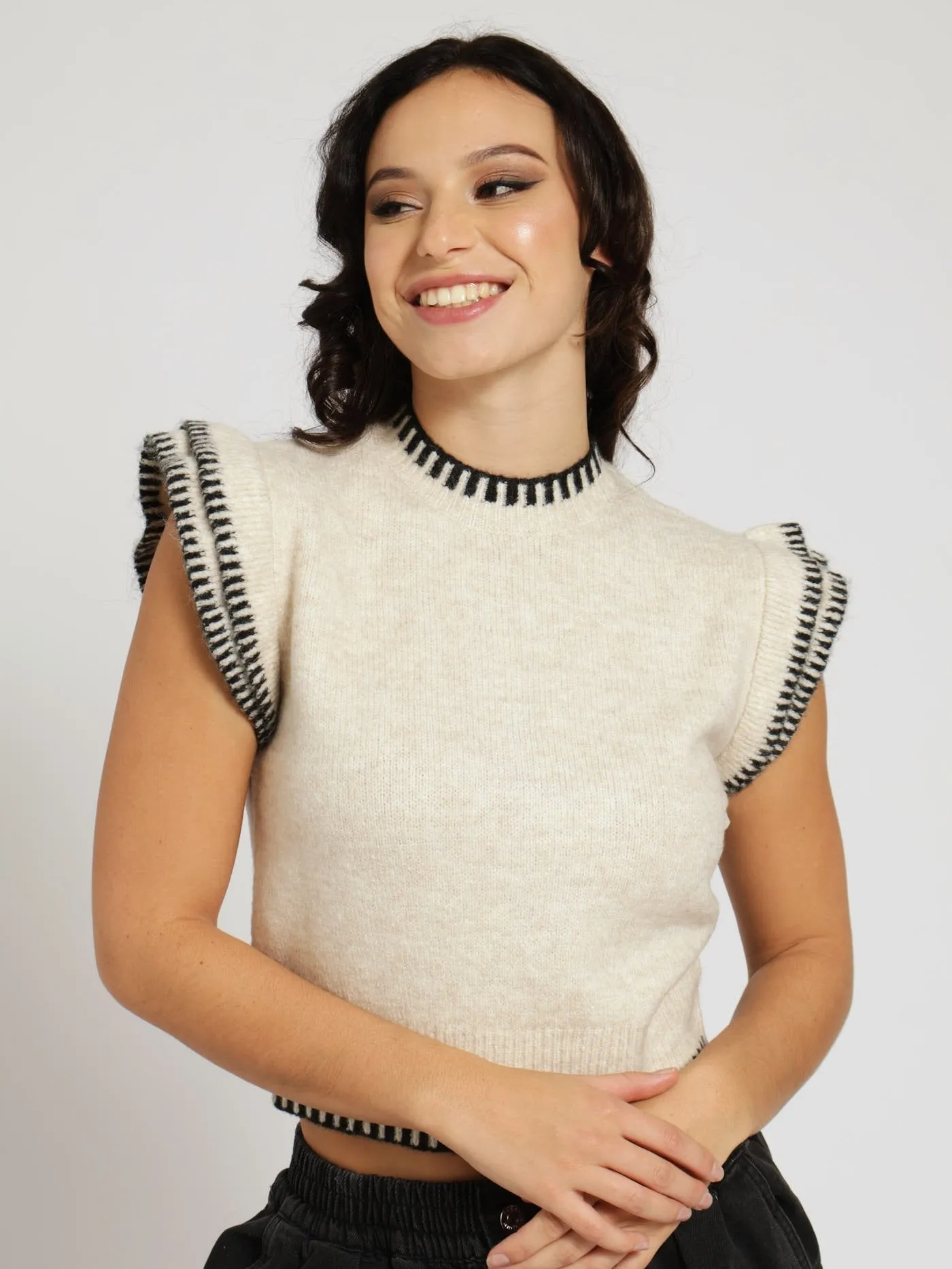 Frill Sleeve Knit Tee - Cream sold by Edgars